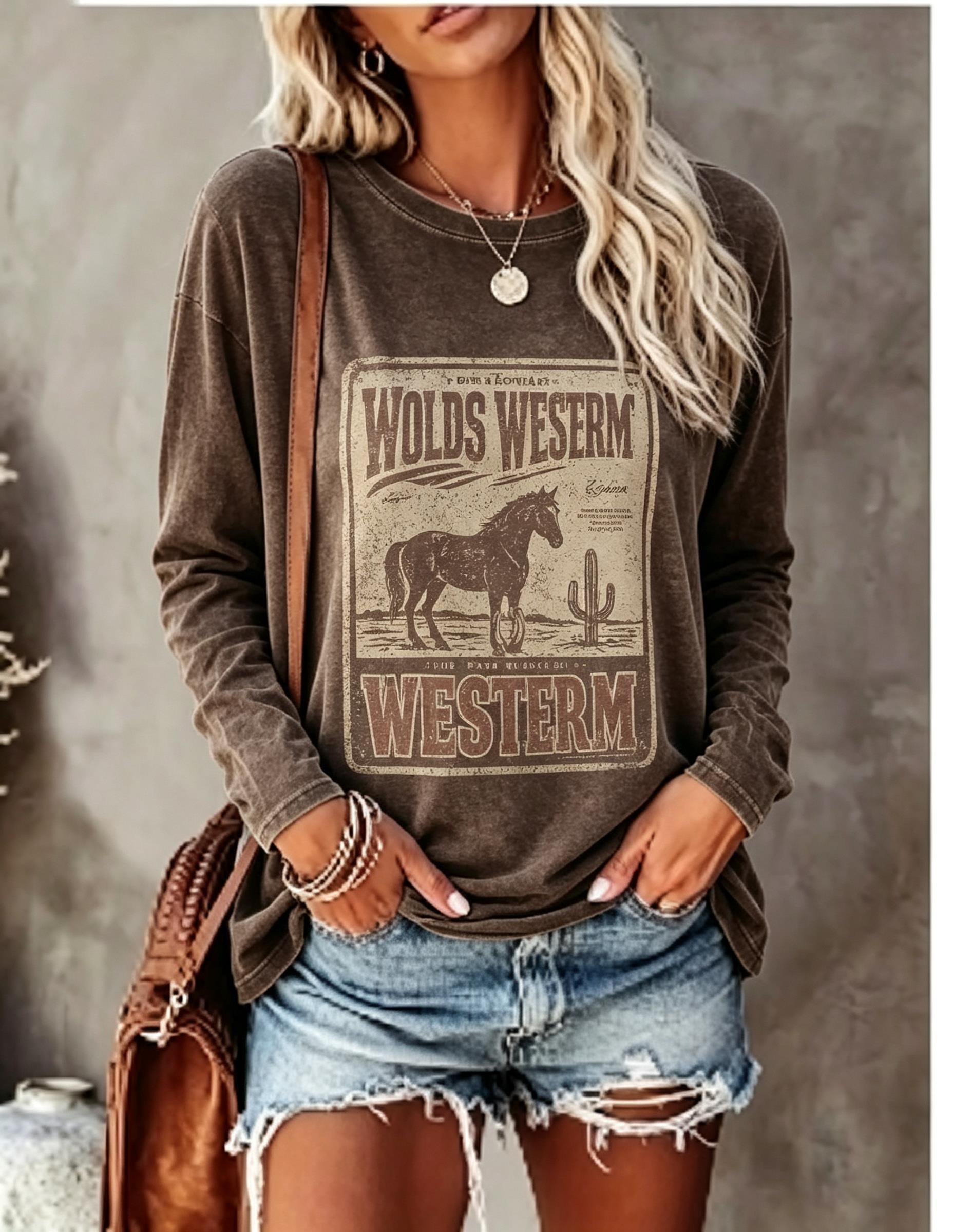 T-Shirts - Damen-Langarm-T-Shirt, Vintage-Western-Pferd-Kaktus-Poster-Print, Rundhalsausschnitt, lässige Herbst-Oberteile