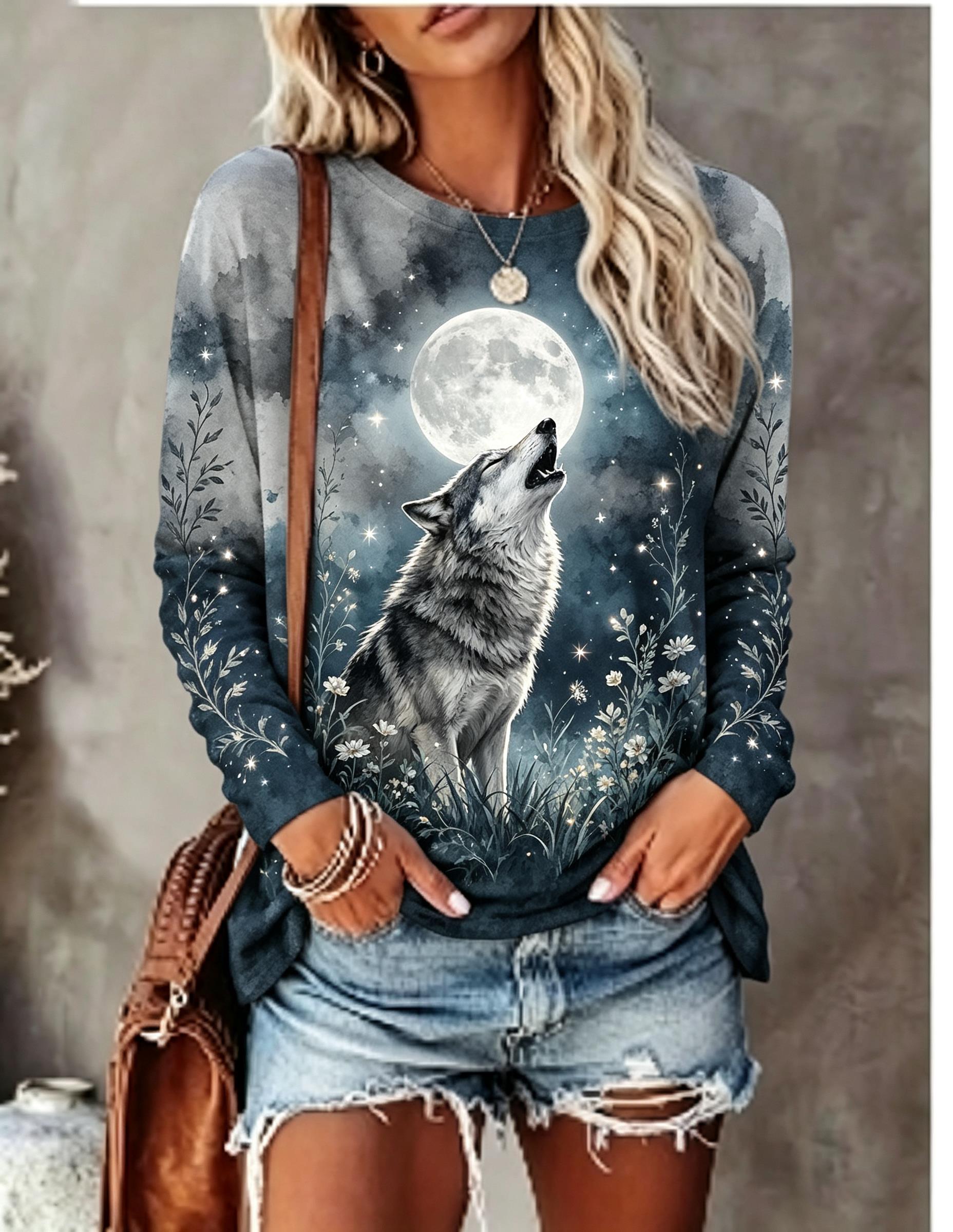 Damen-Langarm-T-Shirt mit Wolf – T-Shirts Bewertung und Preis